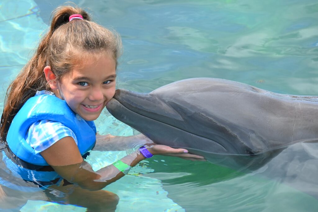 Child smiling as a dolphin touches her cheek in Cancun’s crystal-clear water, holding the dolphin gently by the neck.
